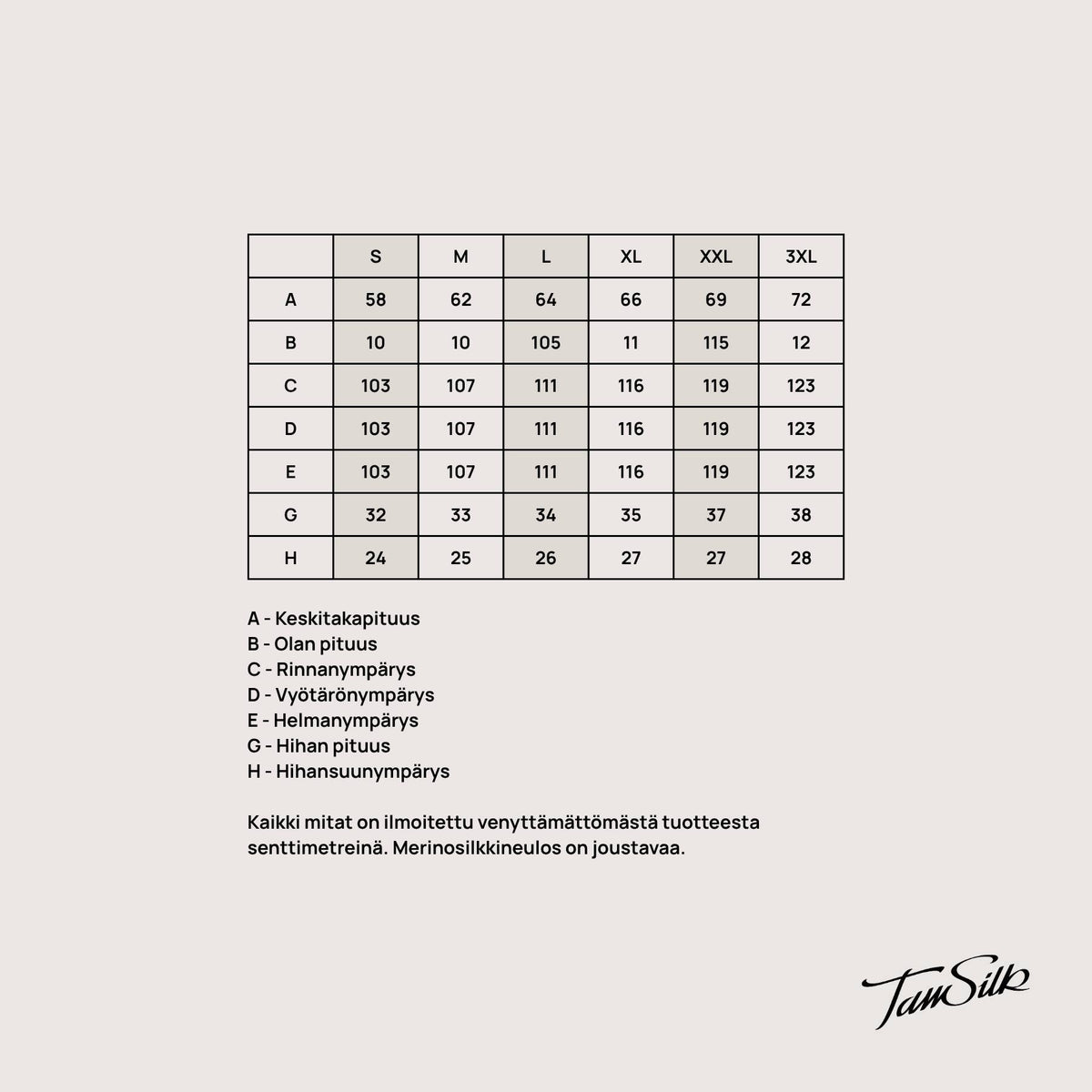 Tam Silkin KAIHO t-paidan mitat koottain