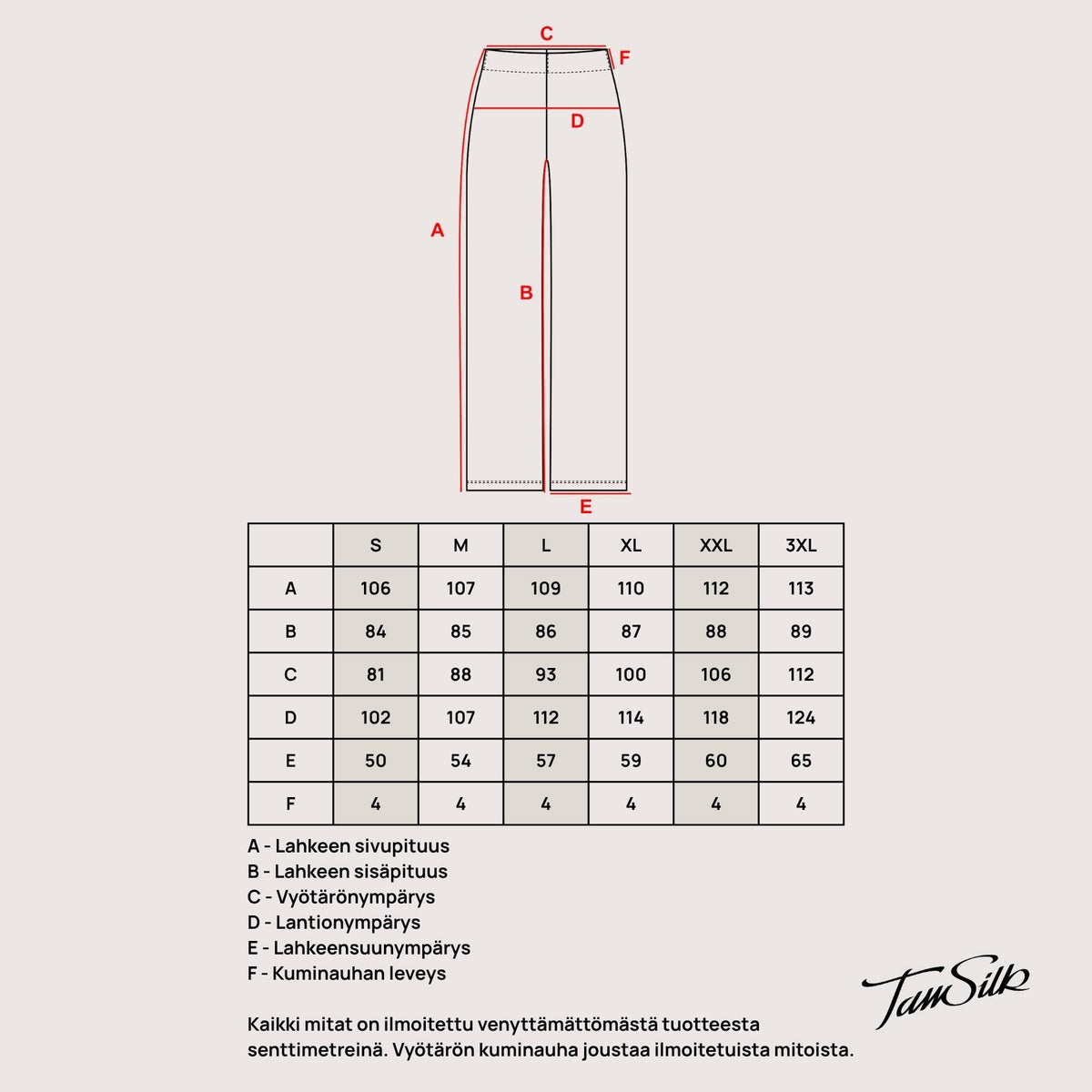 Tam Silkin suorien bambuhousujen mitat koottain
